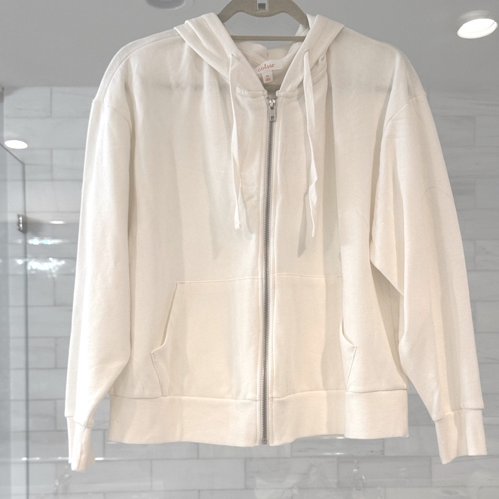 White/Cream Zip-Up Hoodie with Hood and Pockets